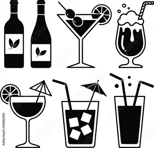 Vector illustration of cocktail drinks and wine bottles for bar menu and summer party designs