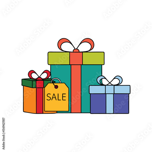 Vector art of three colorful gift boxes with a sale tag isolated on white background
