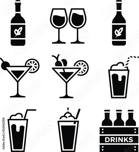 Alcohol drinks beverages vector icon set for bar menu and party invitations and restaurant promotions