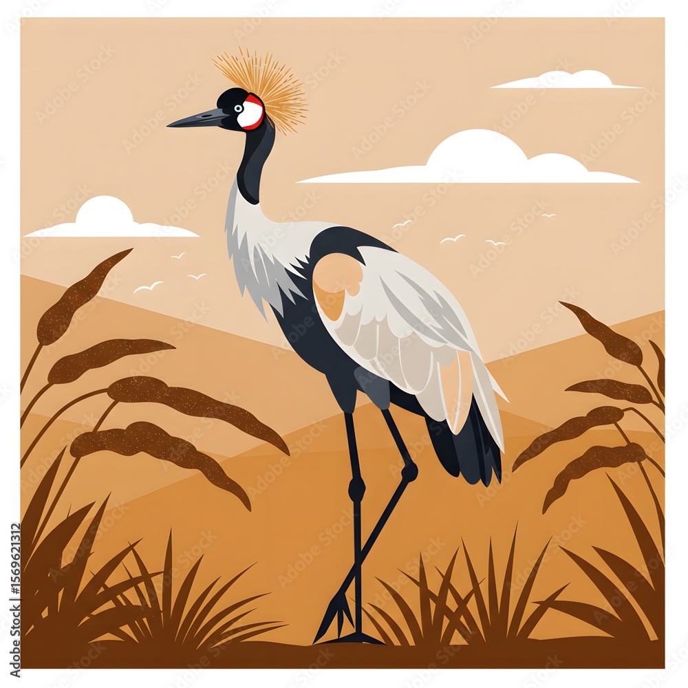 Fototapeta premium A regal crane stands tall in a stylized savanna landscape, observing.
