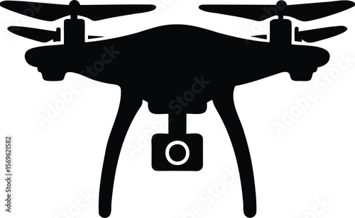 Silhouette of modern quadcopter drone with downward-facing camera Vector illustration