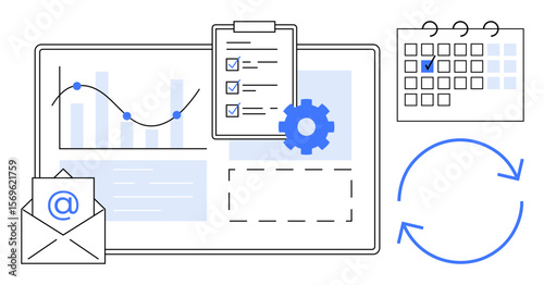 Digital dashboard featuring charts, checklist, calendar, email, and process arrows. Ideal for productivity, organization, management scheduling planning workflow analytics. Clean flat simple