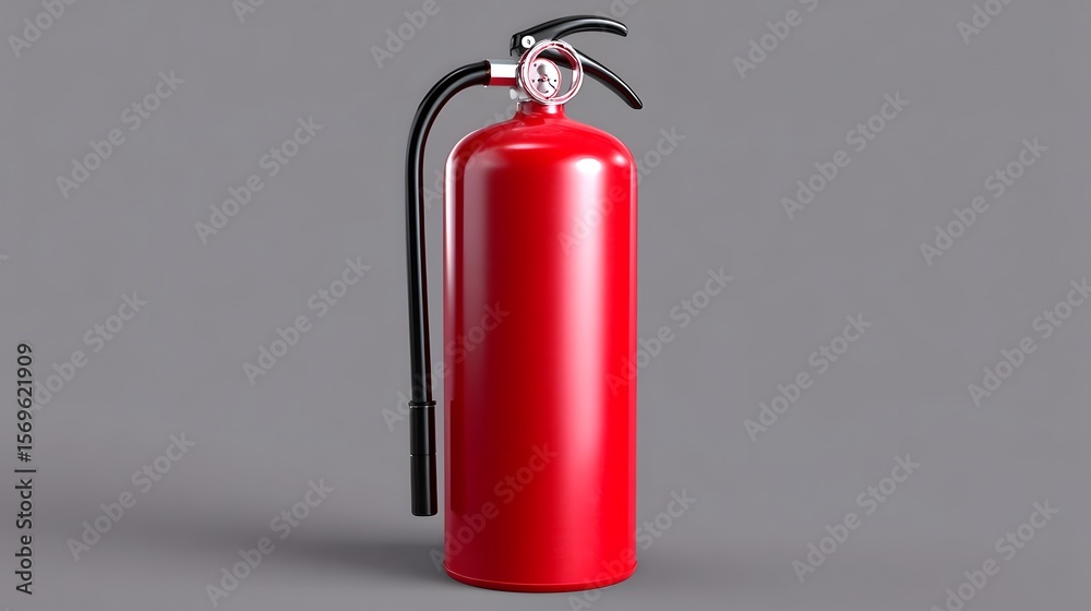 Fototapeta premium A red fire extinguisher with a chrome nozzle and handle.