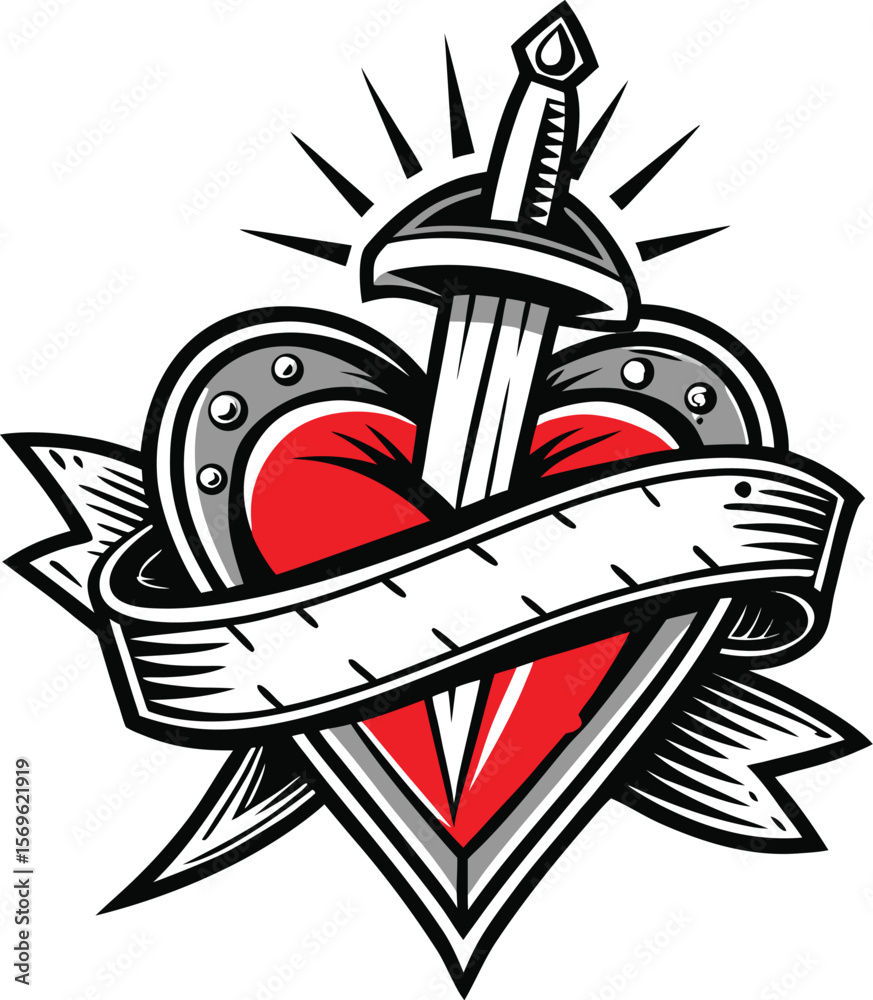 Fototapeta premium Heart pierced by sword with banner black vector icon