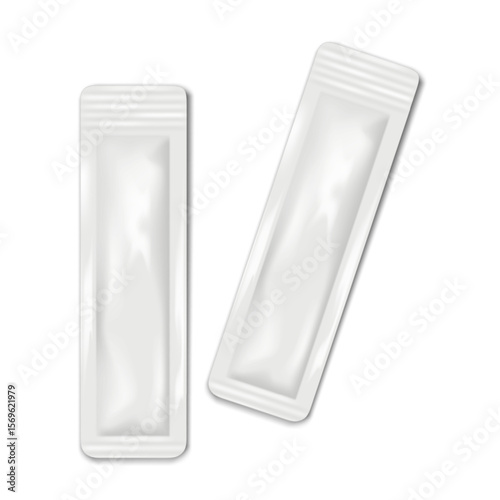 Blank white four-side seal long sachet pouch. Realistic vector mock-up. Stick pack plastic bag. 3d mockup. Food, medical product single dose, cosmetics sample individual package. Template for design