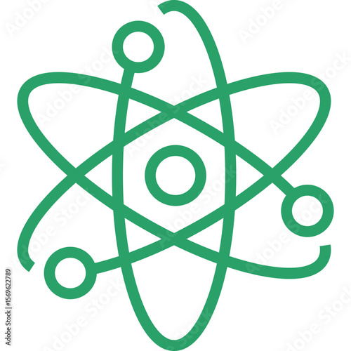 Abstract green atom symbol with orbiting electrons on a black background representing science and technology
