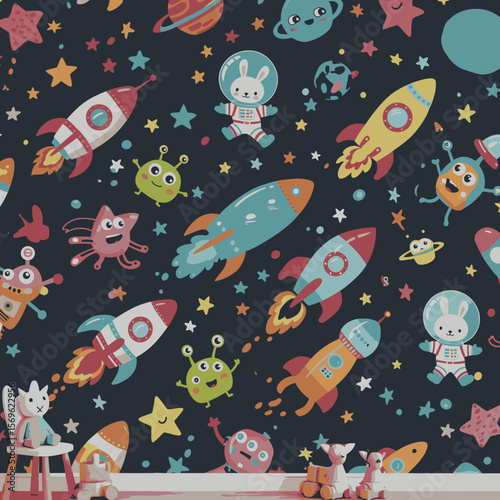 A vibrant and playful illustration showcases a whimsical space scene with rockets, friendly aliens, and adorable astronaut bunnies, creating a cheerful and imaginative design.