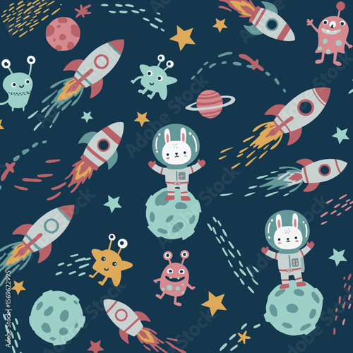 Adorable seamless pattern featuring bunnies in astronaut suits exploring space with rockets, planets, stars, and friendly aliens, perfect for kids' textile designs and space-themed projects.
