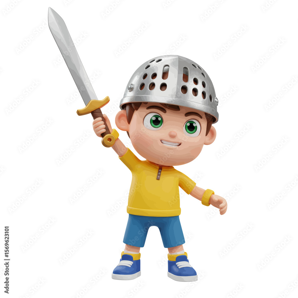 Vector Illustration of Boy Hero Playing Knight, Imaginative Child with Toy Sword and Helmet, Kids Fantasy Adventure Concept.