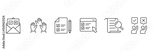 Online and offline opinion voting icon set with ballot form submission hand raise poll paper result and analysis concept.