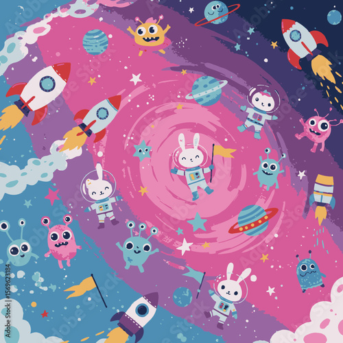 Adorable bunnies in astronaut suits explore a vibrant, swirling galaxy filled with planets, stars, rockets, and friendly aliens, perfect for children's books or whimsical designs.