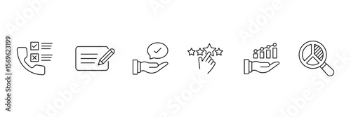 Customer feedback response icon set with satisfaction review analytics phone survey data report evaluation choice and quality assurance.