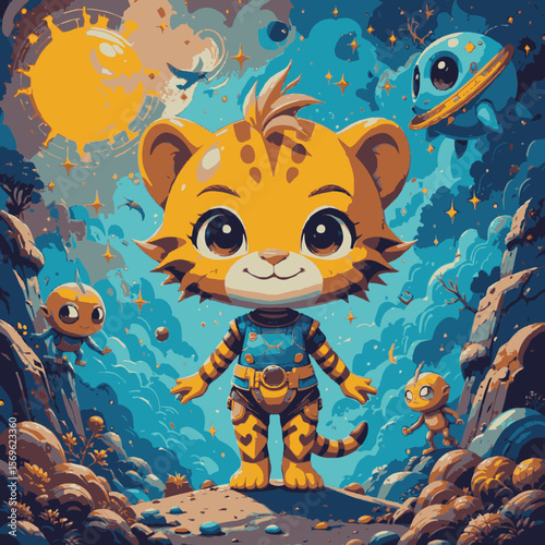 A charming cartoon tiger cub stands confidently in a vibrant, imaginative alien landscape under a whimsical sky, surrounded by small curious creatures.
