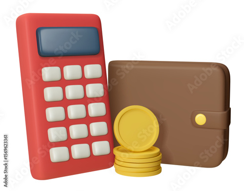 Calculator, stack of coins and wallet 3d vector illustration isolated on a white background. Accounting, financial management and money savings concept.