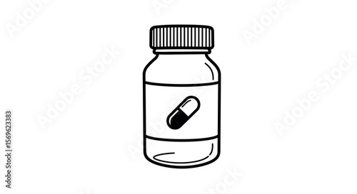 Minimalist linear medicine bottle with capsule icon for health and pharmacy design