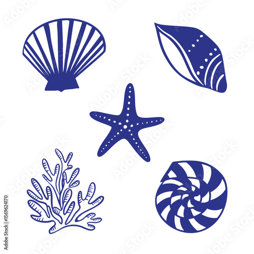 Sea coral vector set with aesthetic quote "sea la vie". Vintage Coastal wall art, greeting card, postcard, logo design.