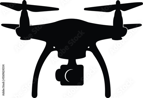 Silhouette of quadcopter drone with mounted camera and four propellers Vector illustration