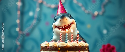 Happy shark wearing party hat by birthday cake, fun, dessert