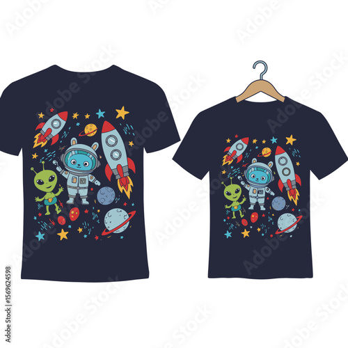 Two navy blue t-shirts showcase a cartoon astronaut, alien, rockets, planets, and stars, creating a fun and imaginative space-themed design for kids apparel.