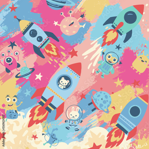 Whimsical cartoon space adventure featuring rockets, cute aliens, and astronauts exploring the cosmos with vibrant colors.