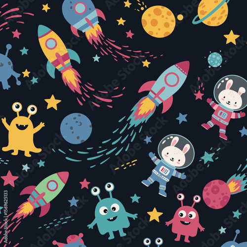 Whimsical cartoon astronauts and friendly aliens explore a vibrant galaxy filled with rockets, planets, and stars.