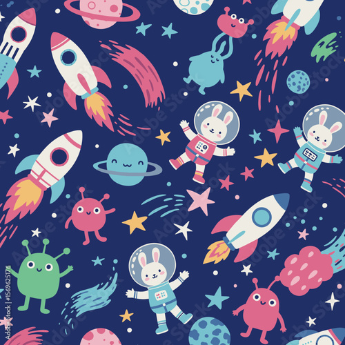 Adorable astronaut bunnies and friendly aliens playfully soar among rockets, planets, and shooting stars in this whimsical space-themed seamless pattern, perfect for kids' apparel or playful designs.
