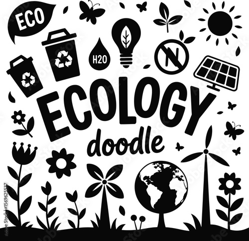 Ecology doodle vector art illustration with nature elements for sustainable lifestyle design concept