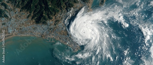 Satellite view of a large hurricane approaching a coastal city, showing swirling clouds and the storm's eye over the ocean.