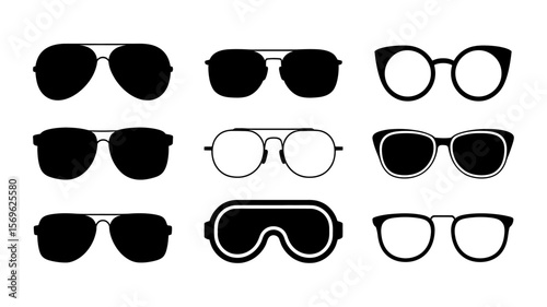 Collection of diverse eyewear styles including sunglasses and eyeglasses on a white background