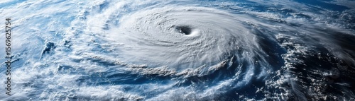 Satellite view of a massive hurricane swirling over the ocean, showing dense cloud formations and a clear eye at the center.