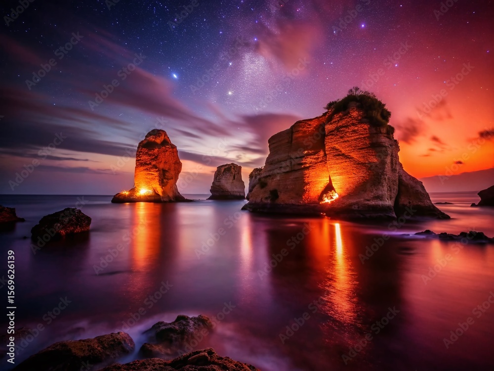 Obraz premium Beirut Pigeon Rock Night Photography: Stunning Coastal View of Raouche Rocks at Night