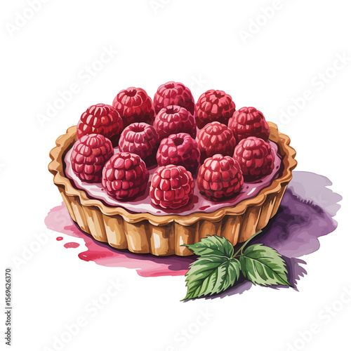 Delicious watercolor illustration of a fresh raspberry tart with a flaky crust and berry filling