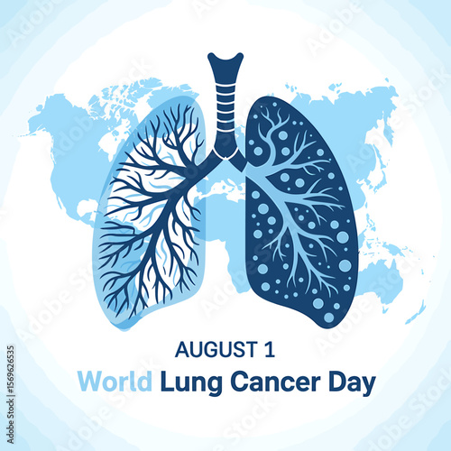 World lung cancer day august 1st with stylized human lungs and world map