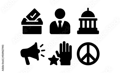Election symbols: ballot box, politician, government, megaphone, hand, peace