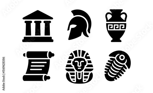 Ancient culture icons: greek helmet, roman scroll, egyptian pharaoh, amphora, trilobite, temple