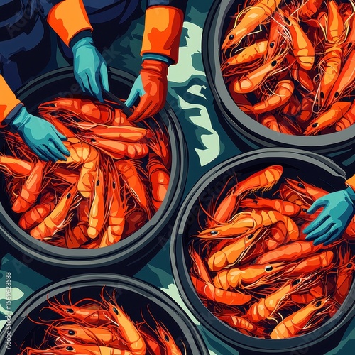 a close-up of fishery workers sorting seafood into categories, occupational scene, clean vector art, isolated on white background