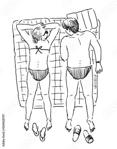 Couple young people on beach holiday, summer vacation, lying on seashore, tanned, relaxing, top view, outline sketch, vector illustration isolated on white