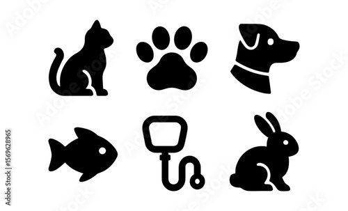Pet icons set: cat, dog, fish, rabbit, paw print, leash silhouettes