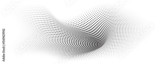 Flowing Wave Dot Halftone Pattern: Curve Gradient Shape on Transparent Background. Suitable for AI, Tech, Network, Digital, Science, and Technology Themes.