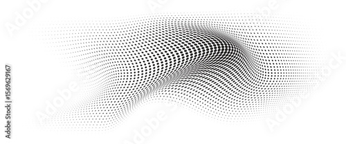 Flowing Wave Dot Halftone Pattern: Curve Gradient Shape on Transparent Background. Suitable for AI, Tech, Network, Digital, Science, and Technology Themes.