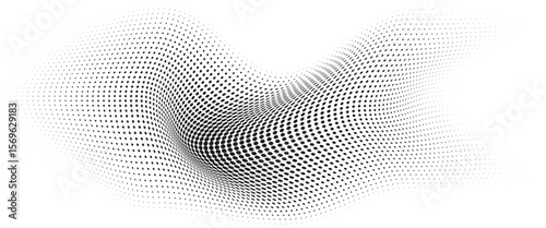 Flowing Wave Dot Halftone Pattern: Curve Gradient Shape on Transparent Background. Suitable for AI, Tech, Network, Digital, Science, and Technology Themes.