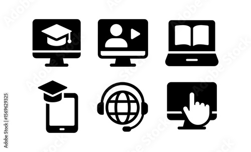 Online education icons: e-learning, computer, tablet, headset, book, touchscreen