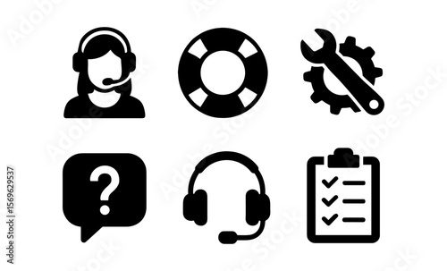 Customer support icons featuring headsets lifebuoy tools and checklist symbols