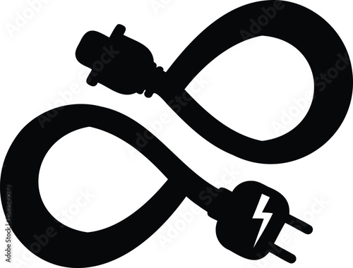 Silhouette of electric cable forming infinity loop with two types of plugs at ends Vector illustration