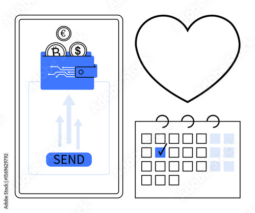 Phone screen displaying digital wallet and cryptocurrency transfer, a calendar with a checkmark, and a heart symbol. Ideal for finance, donations, scheduling, fintech, charity, online payments