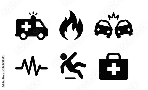 Emergency icon set: ambulance, fire, accident, heartbeat, slip, first aid