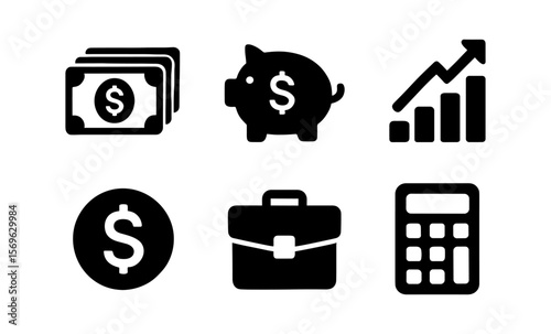Financial icons collection: money, piggy bank, growth chart, dollar sign, briefcase, calculator