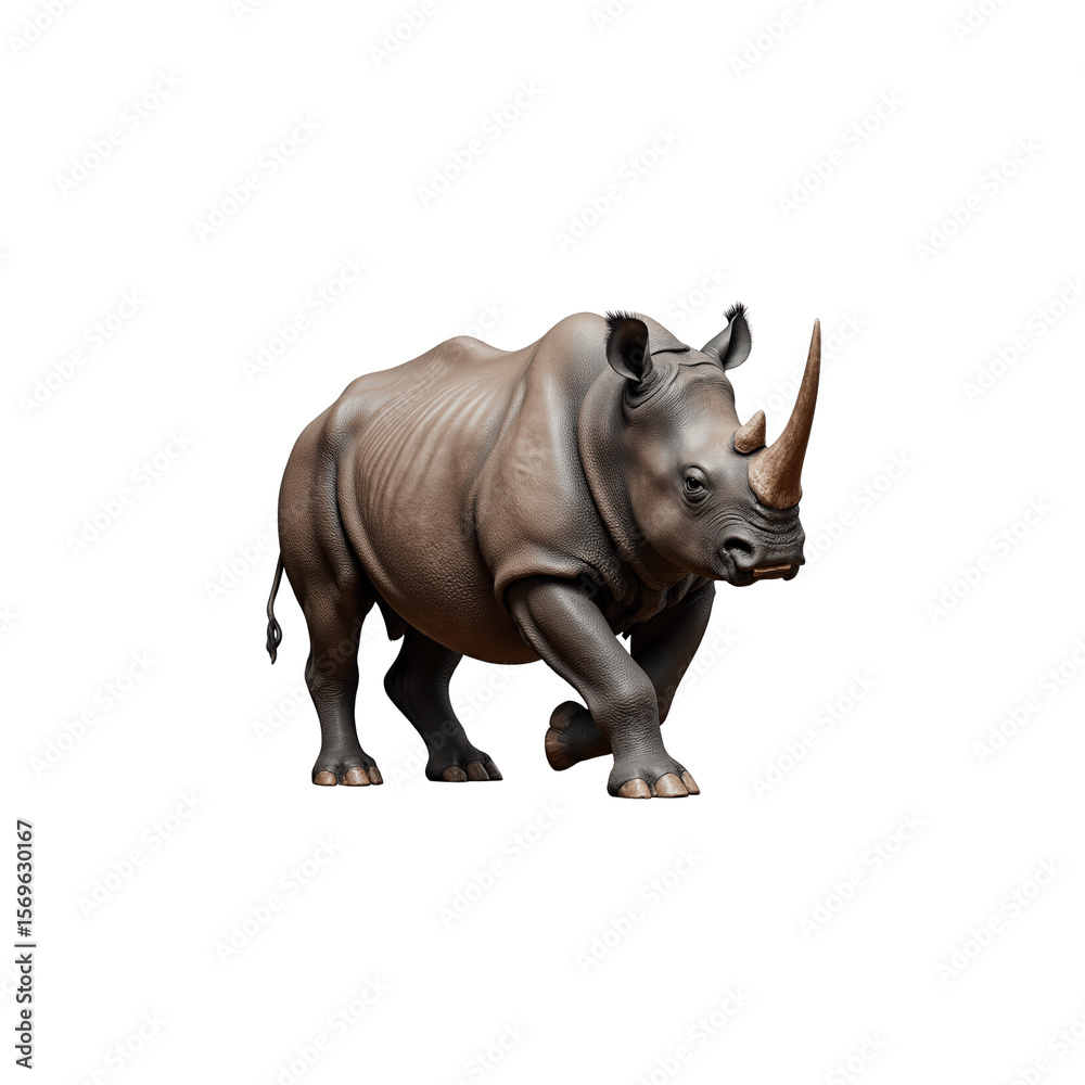 Obraz premium Rhino in the wild: A striking rhino is captured in mid-stride, showcasing its impressive horn and rugged hide against the backdrop of its natural habitat. This image evokes a sense of wonder.