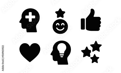 Positive thinking, emotional well-being, and creativity icons in black and white vector set