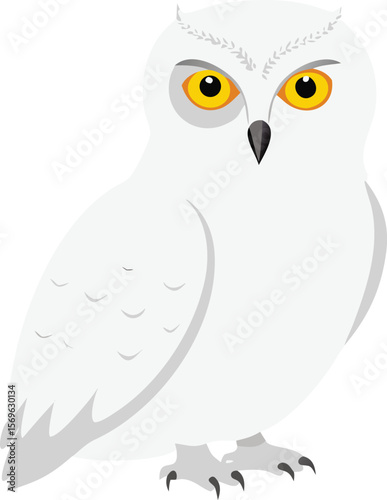 Snowy owl against stark white background, piercing yellow eyes, arctic raptor, winter, illustration